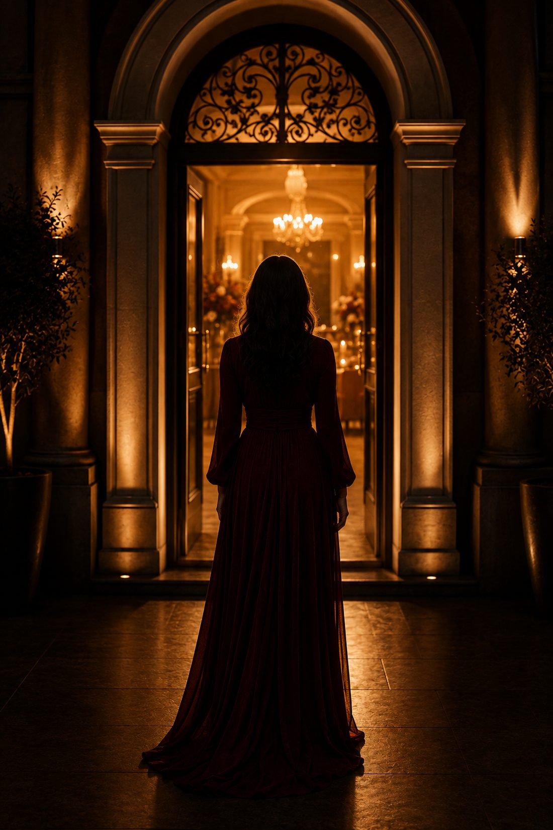 Mulher diante da entrada iluminada de um salão